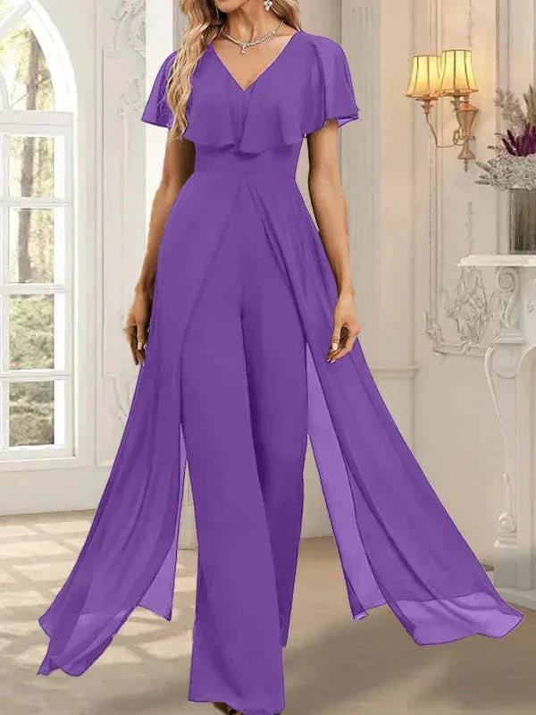Jumpsuit/Pantsuit V-Neck Floor-Length Chiffon Evening Dress by Dreamylily