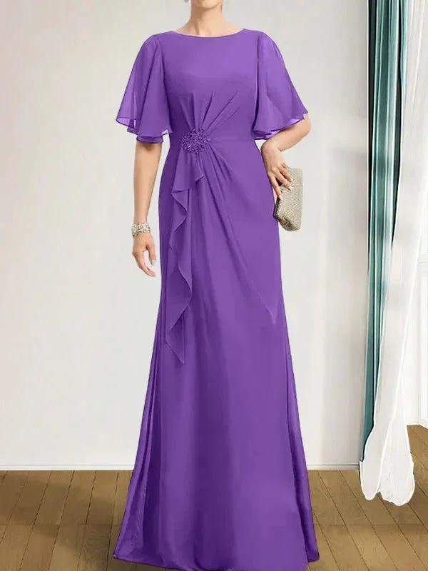 A-line Scoop Floor-Length Chiffon Mother of the Bride Dress With Cascading Ruffles Beading Sequins by Dreamylily
