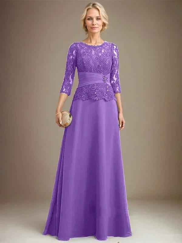 A-line Scoop Illusion Floor-Length Chiffon Lace Mother of the Bride Dress With Pleated Sequins Beading by Dreamylily