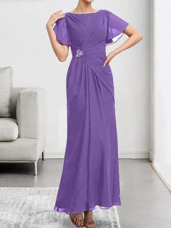 A-line Scoop Ankle-Length Chiffon Mother of the Bride Dress With Beading Pleated by Dreamylily