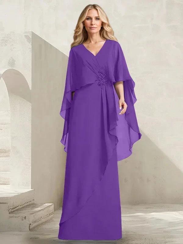A-line V-Neck Floor-Length Chiffon Mother of the Bride Dress With Cascading Ruffles Beading by Dreamylily