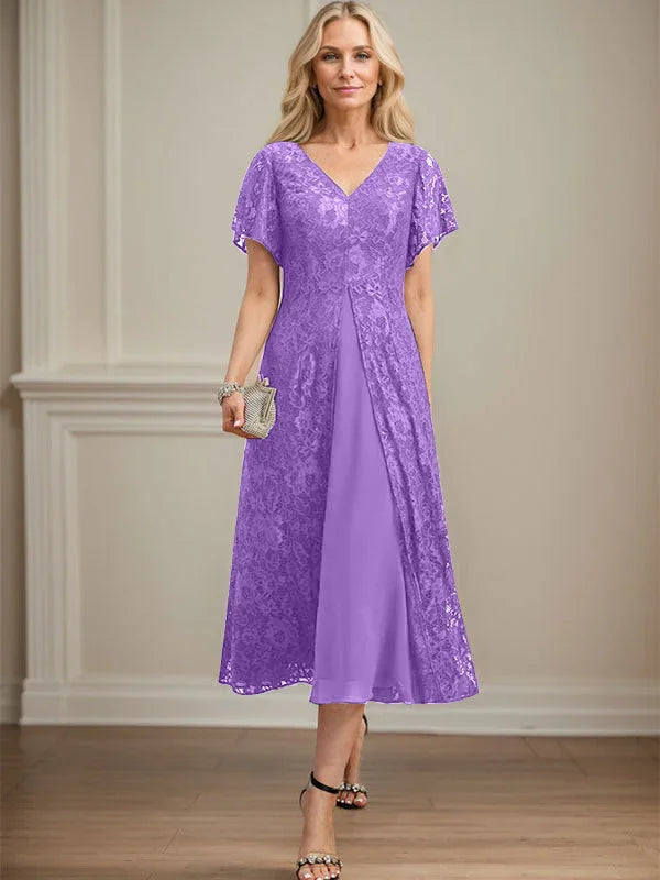 A-line V-Neck Tea-Length Lace Chiffon Mother of the Bride Dress by Dreamylily