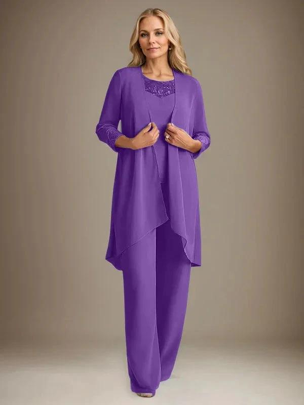 Chiffon Scoop Long Sleeves Mother Of The Bride Pantsuits With Jacket by Dreamylily