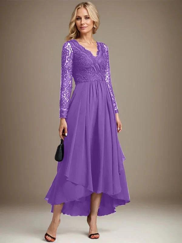 A-line V-Neck Asymmetrical Lace Chiffon Mother of the Bride Dress by Dreamylily