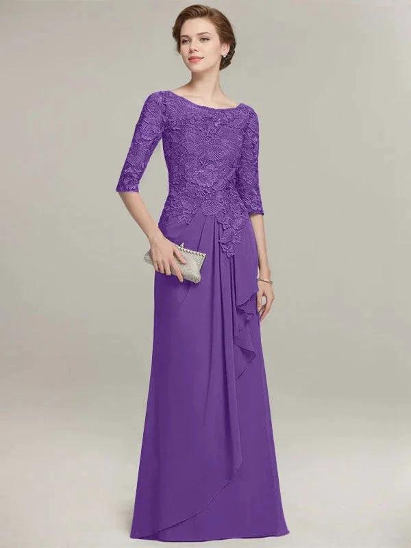 A-line Scoop Illusion Floor-Length Lace Chiffon Mother of the Bride Dress With Cascading Ruffles by Dreamylily