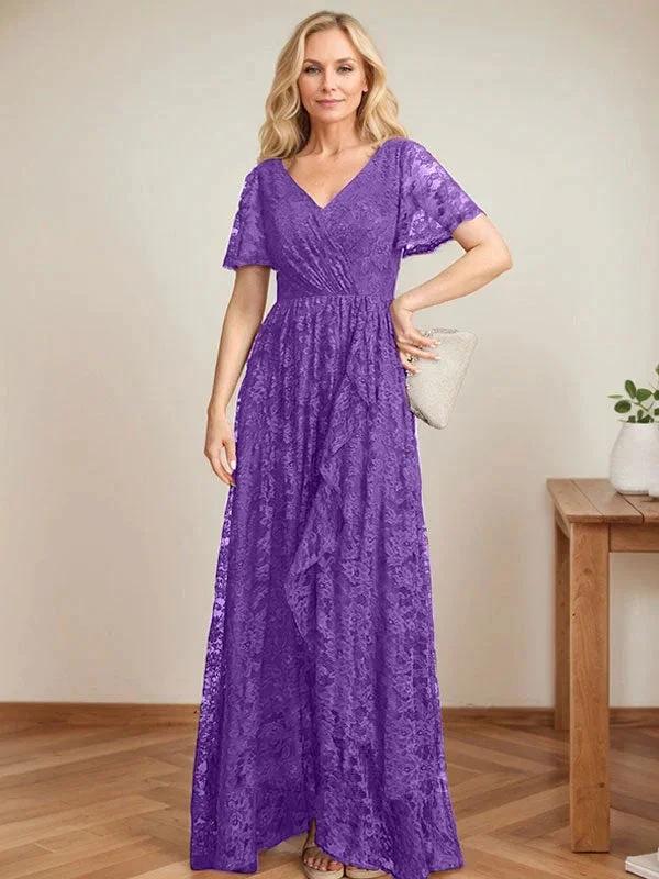 A-Line V-Neck Asymmetrical Lace Mother of the Bride Dress With Cascading Ruffles by Dreamylily