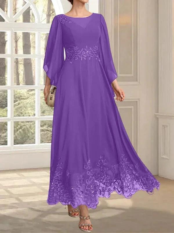 A-line Scoop Illusion Ankle-Length Lace Chiffon Mother of the Bride Dress With Sequins by Dreamylily