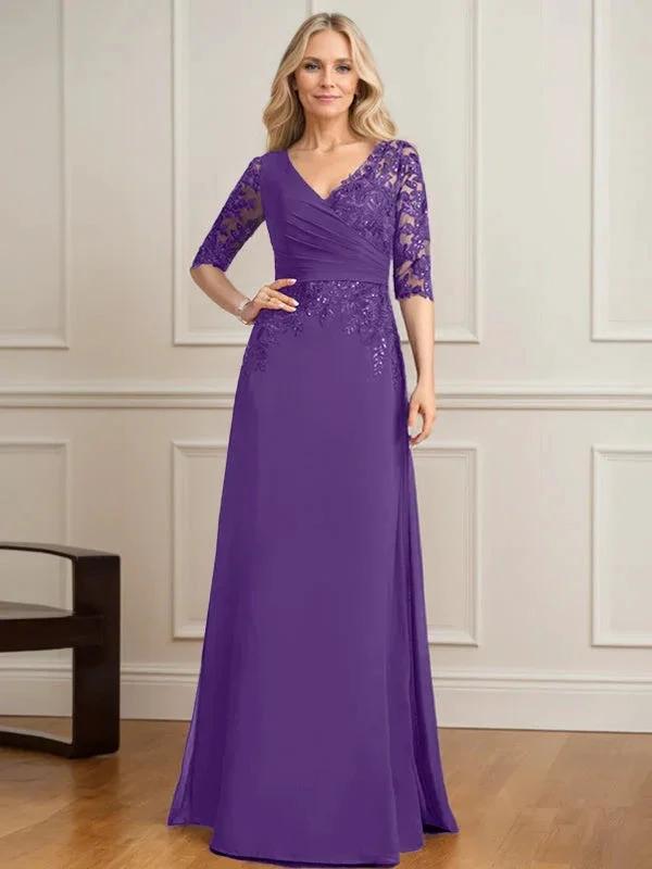 A-line V-Neck Floor-Length Lace Chiffon Mother of the Bride Dress With Pleated Sequins by Dreamylily