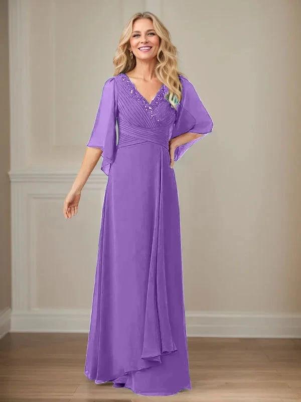 A-Line V-Neck Long Sequins Chiffon Mother Dress by Dreamylily