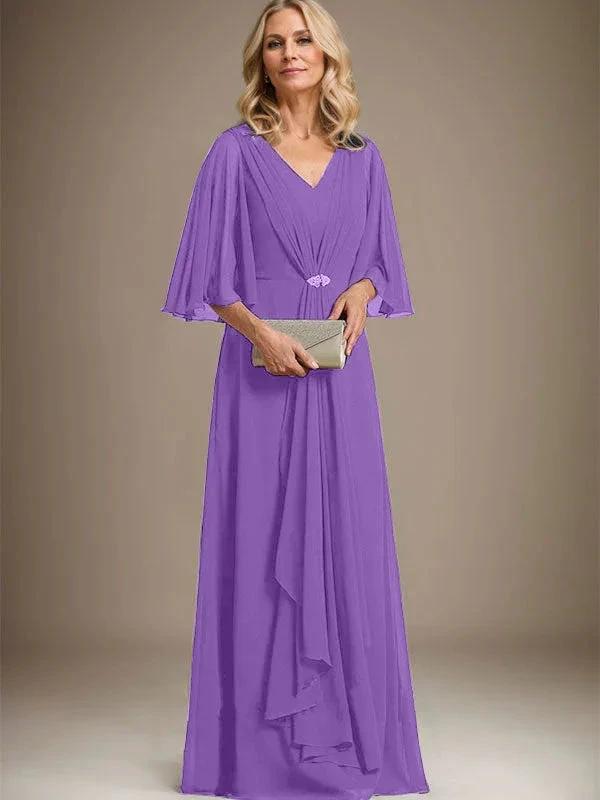 A-line V-Neck Floor-Length Chiffon Mother of the Bride Dress With Cascading Ruffles Crystal Brooch by Dreamylily