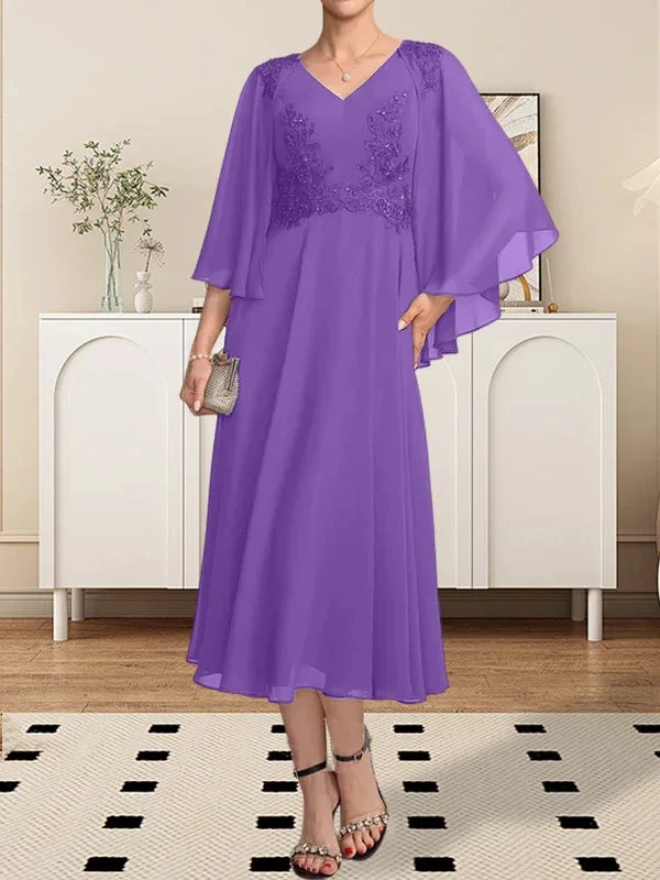 A-line V-Neck Tea-Length Chiffon Lace Mother of the Bride Dress With Beading Sequins by Dreamylily