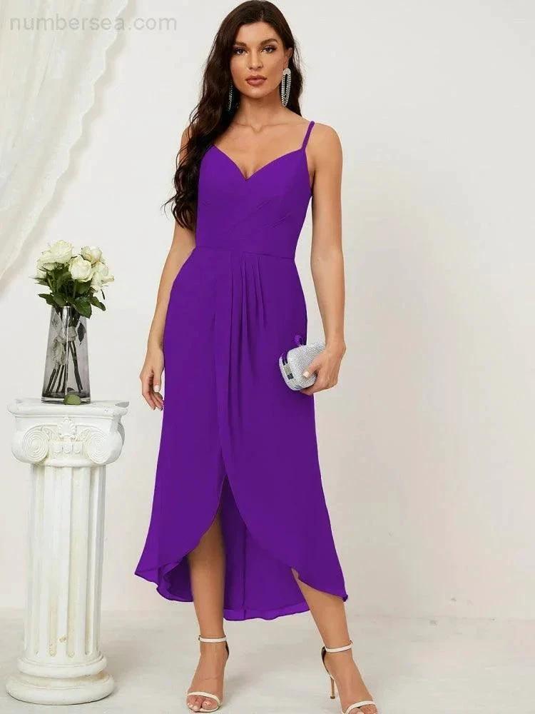 Numbersea Spaghetti Chiffon V Neck Bridesmaid Dress Mid-Length Slit Formal Prom Dress Homecoming Dress 2803 by numbersea