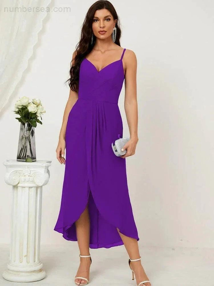 Numbersea Spaghetti Chiffon V Neck Bridesmaid Dress Mid-Length Slit Formal Prom Dress Homecoming Dress 2803 by numbersea