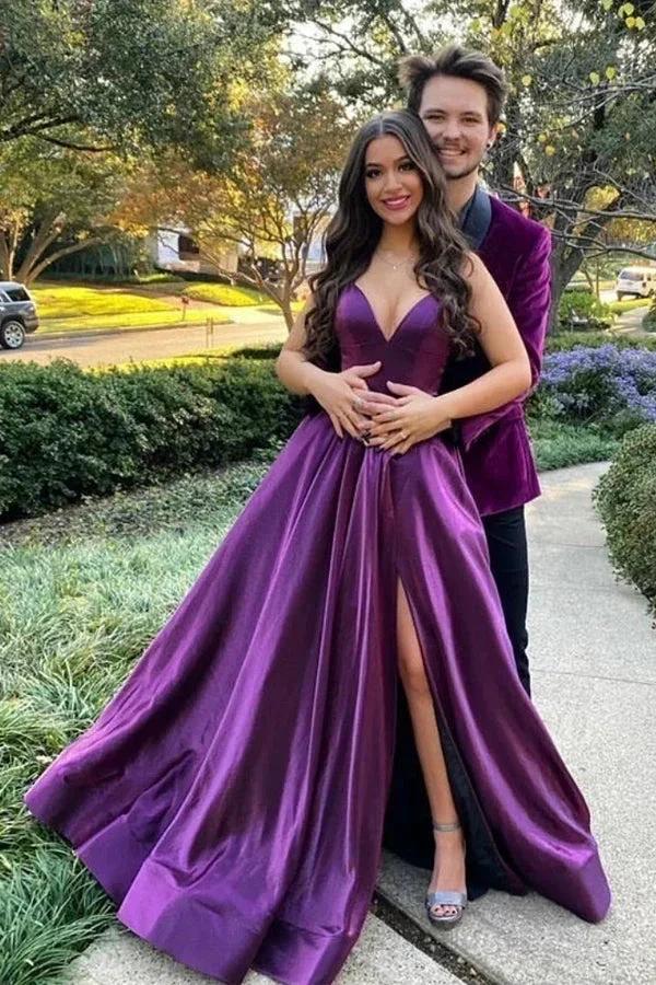 Purple Satin A-line Backless Long Prom Dress With Slit PSK521 by pgmdress