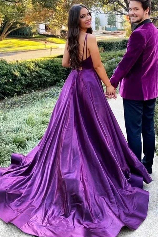 Purple Satin A-line Backless Long Prom Dress With Slit PSK521 by pgmdress