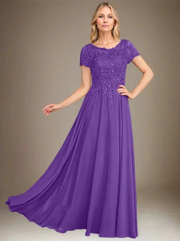 A-Line Scoop Floor-Length Chiffon Mother of the Bride Dress With Applique &amp; Sequins by Dreamylily