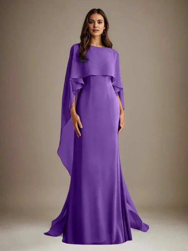 Sheath/Column Boatneck Floor-Length Chiffon Mother of the Bride Dress With Cascading Ruffles by Dreamylily