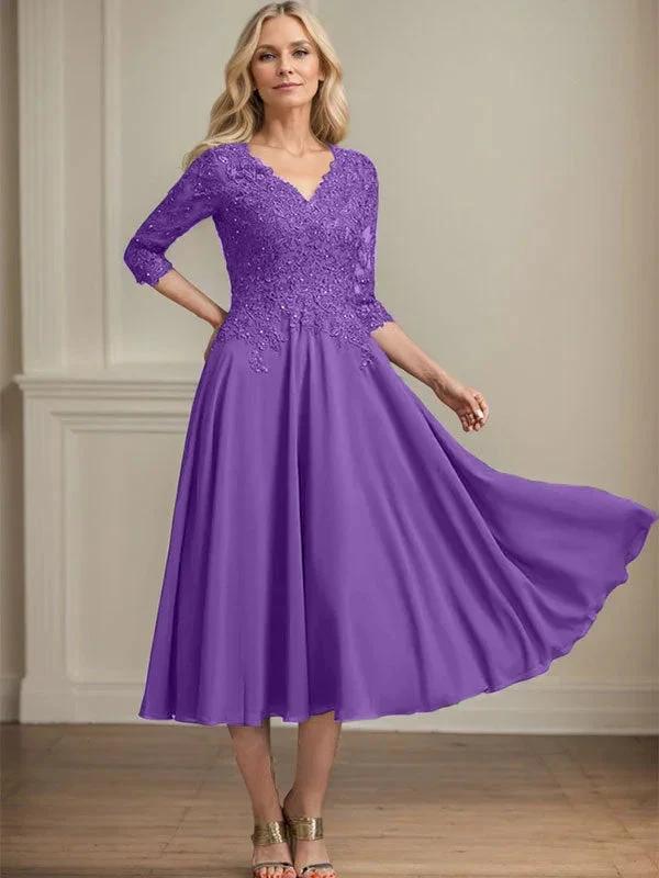 A-line V-Neck Tea-Length Chiffon Lace Mother of the Bride Dress With Beading Sequins by Dreamylily
