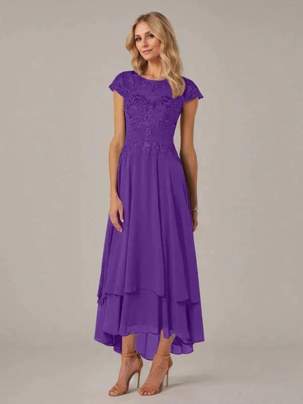 A-line Boat Neck Illusion Asymmetrical Chiffon Lace Mother of the Bride Dress With Applique Pleats by Dreamylily