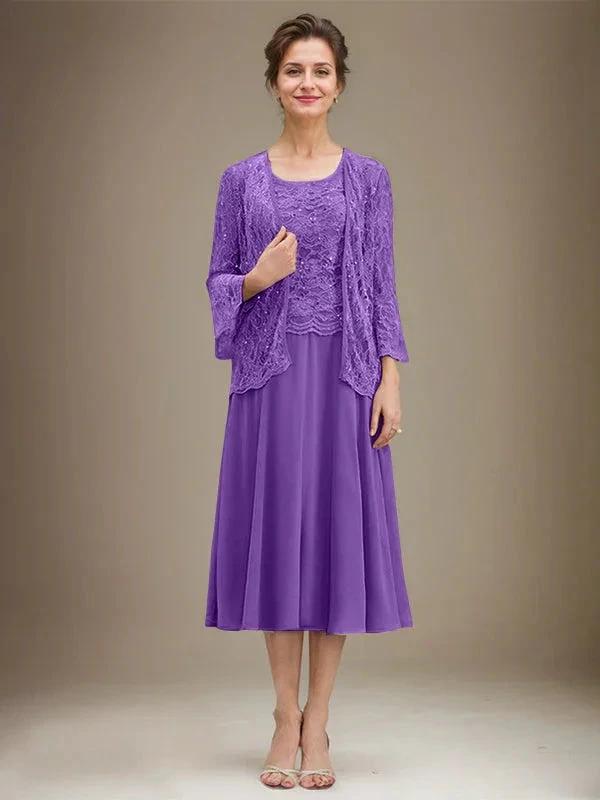 A-line Scoop Tea-Length Lace Chiffon Mother of the Bride Dress With Sequins by Dreamylily