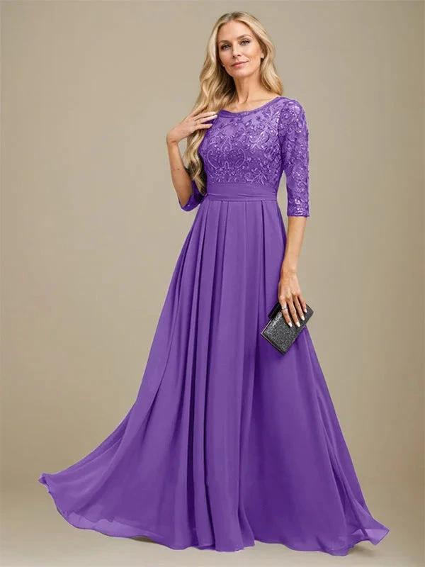 A-Line Scoop Floor-Length Lace Chiffon Mother Of the Bride Dress With Sequins Applique by Dreamylily