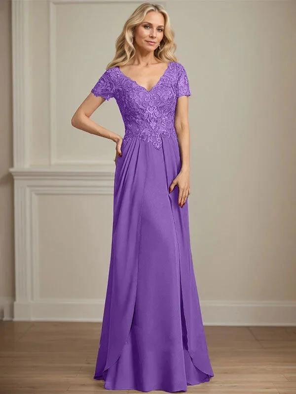 A-line V-Neck Floor-Length Chiffon Lace Mother of the Bride Dress by Dreamylily