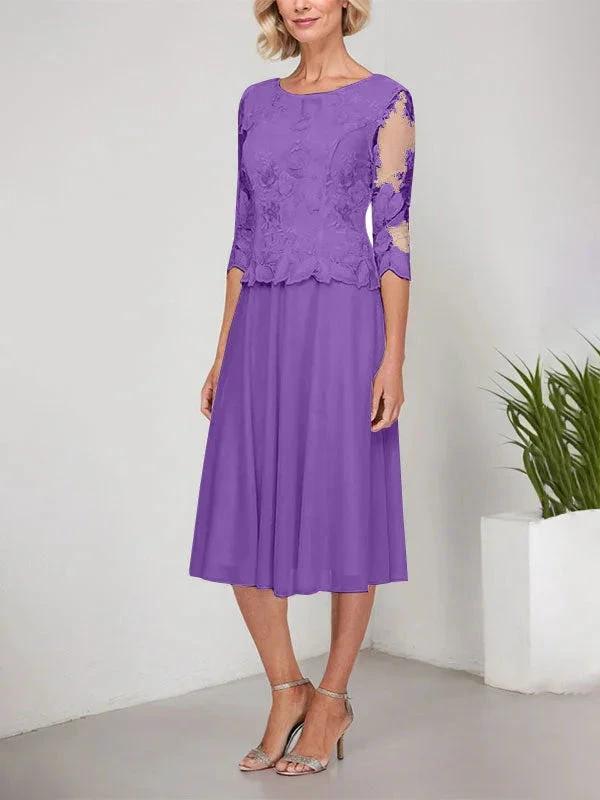 A-line Scoop Tea-Length Lace Chiffon Mother of the Bride Dress With Embroidery by Dreamylily