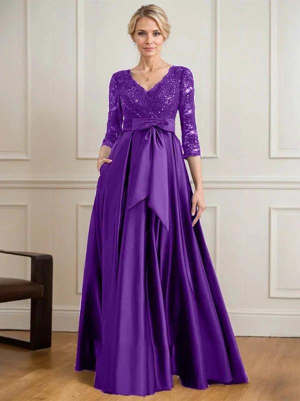 A-line V-Neck Floor-Length Satin Lace Mother of the Bride Dress With Sequins Bow by Dreamylily