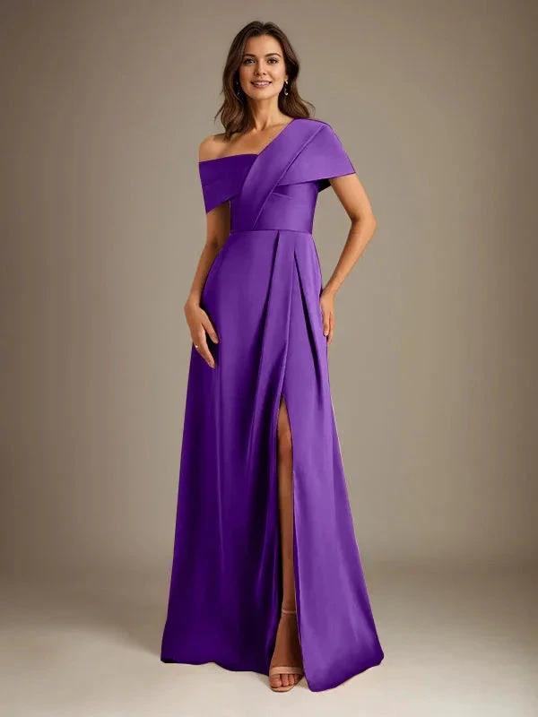 A-Line Asymmetrical Neckline Floor-Length Satin Mother of the Bride Dress With Pleated by Dreamylily
