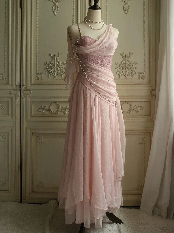 Vintage Pink One Shoulder Chiffon Evening Dress A Line Prom Dress Y7791 by simplepromdress