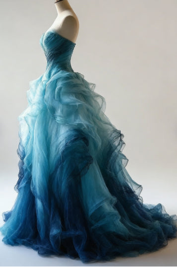 Abito da sera di lusso in organza sfumata blu, linea a trapezio, scollatura a spalle scoperte, abito da ballo Y8368