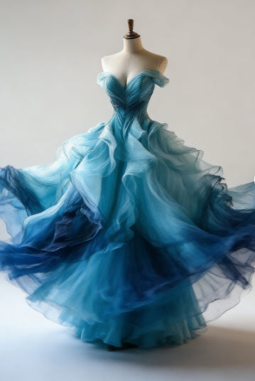 Abito da sera di lusso in organza sfumata blu, linea a trapezio, scollatura a spalle scoperte, abito da ballo Y8368