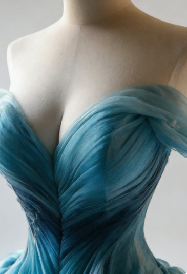 Abito da sera di lusso in organza sfumata blu, linea a trapezio, scollatura a spalle scoperte, abito da ballo Y8368