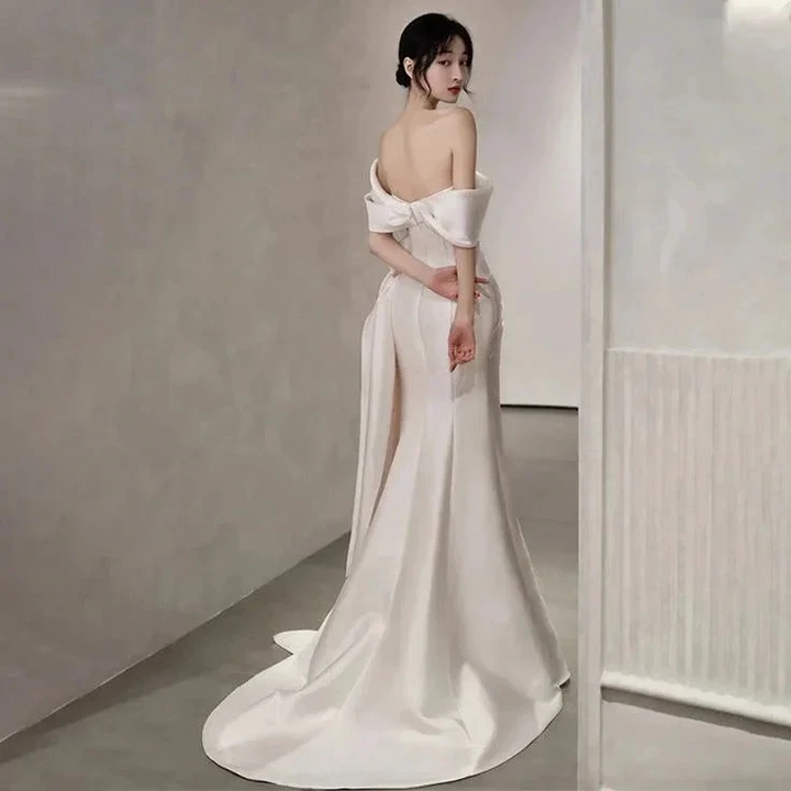 Off Shoulder Satin Wedding Dress White Mermaid Long Bridal Gown with Slit Y7336 by simplepromdress