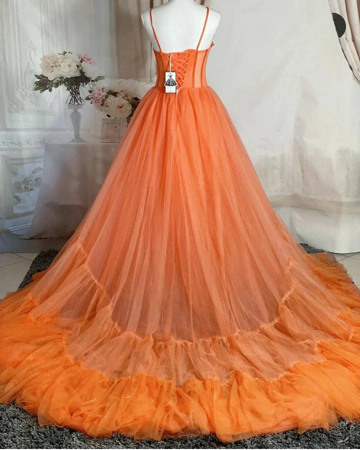 Spaghetti Straps Orange Tulle Evening Dress,Sexy Prom Gown Y1243 by simplepromdress