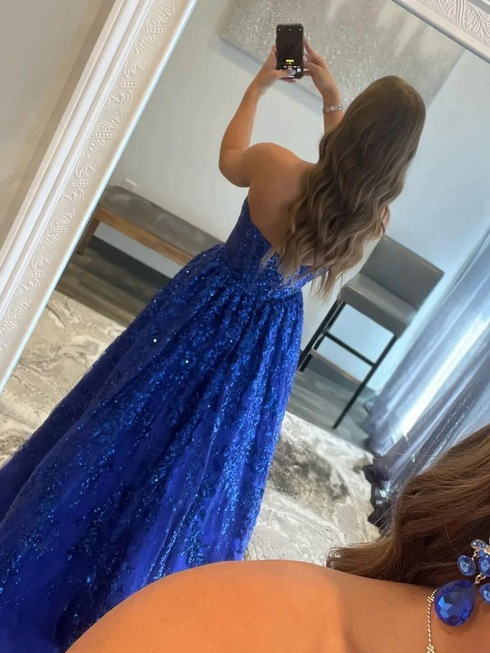 Blue A line tulle sequin long prom dress, blue tulle evening dress Y3065 by simplepromdress