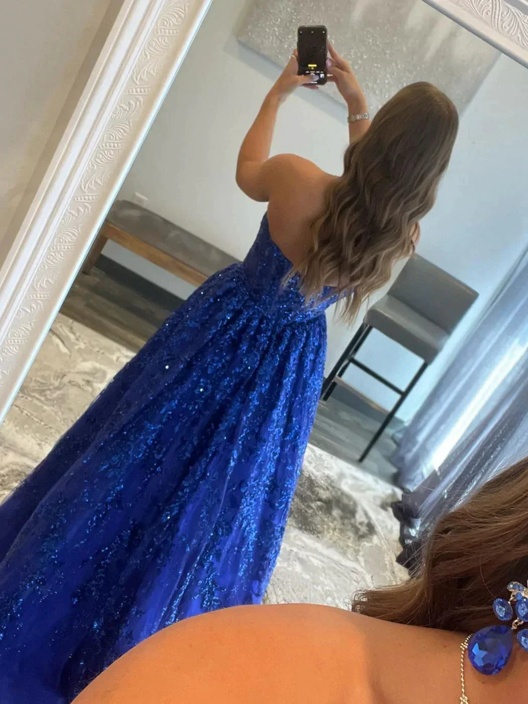 Blue A line tulle sequin long prom dress, blue tulle evening dress Y3065 by simplepromdress