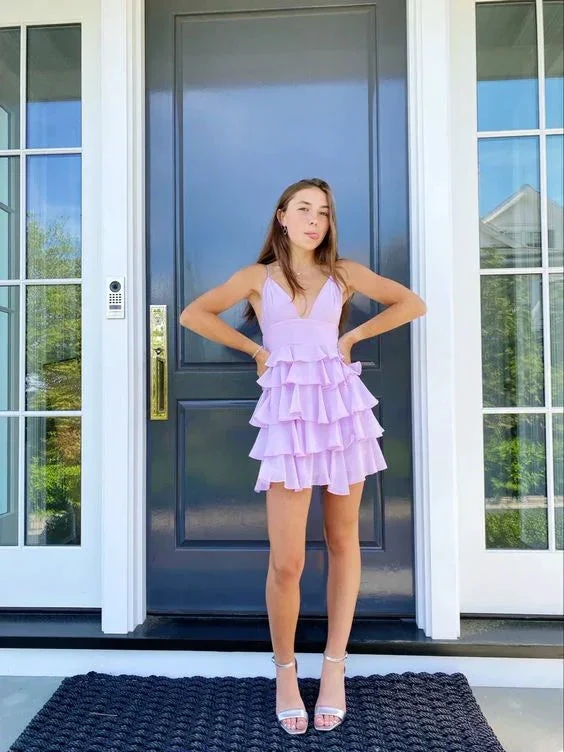A-line V Neck Light Lavender Short Homecoming Dress Layered Cute Homecoming Dress Y2721 by simplepromdress