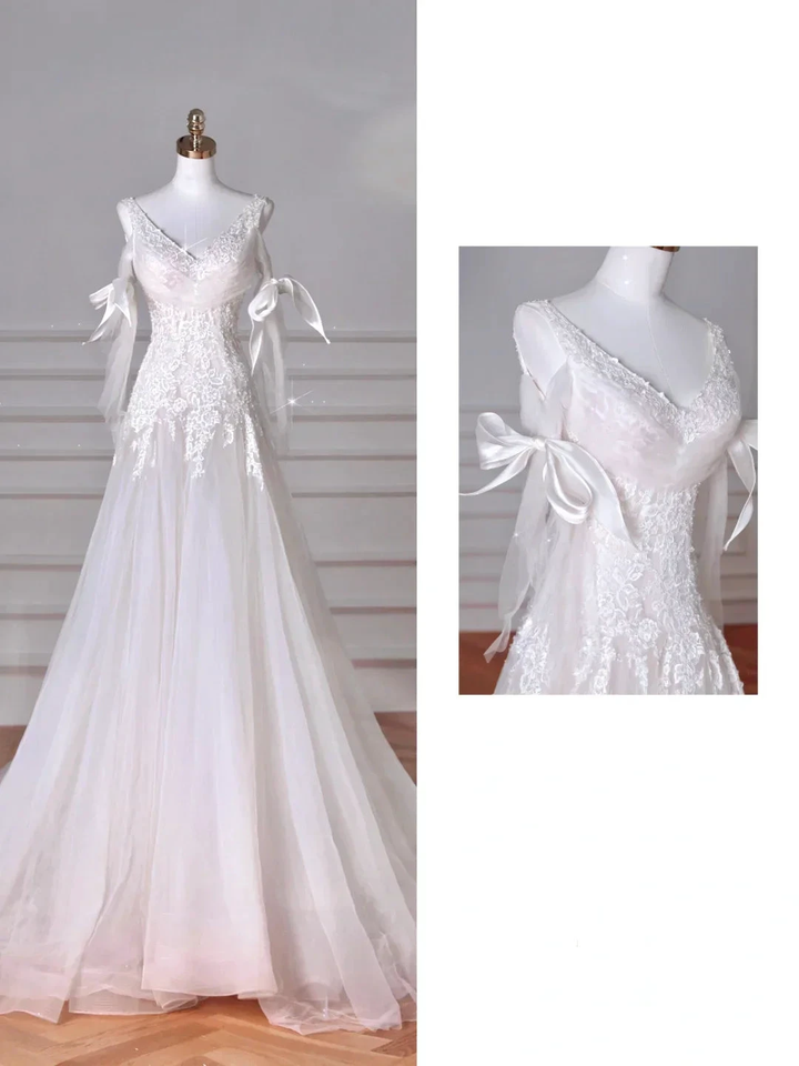 Fairy White V Neck Tulle Lace Appliques Mermaid Evening Dress,Long Wedding Dress Y8636 by simplepromdress