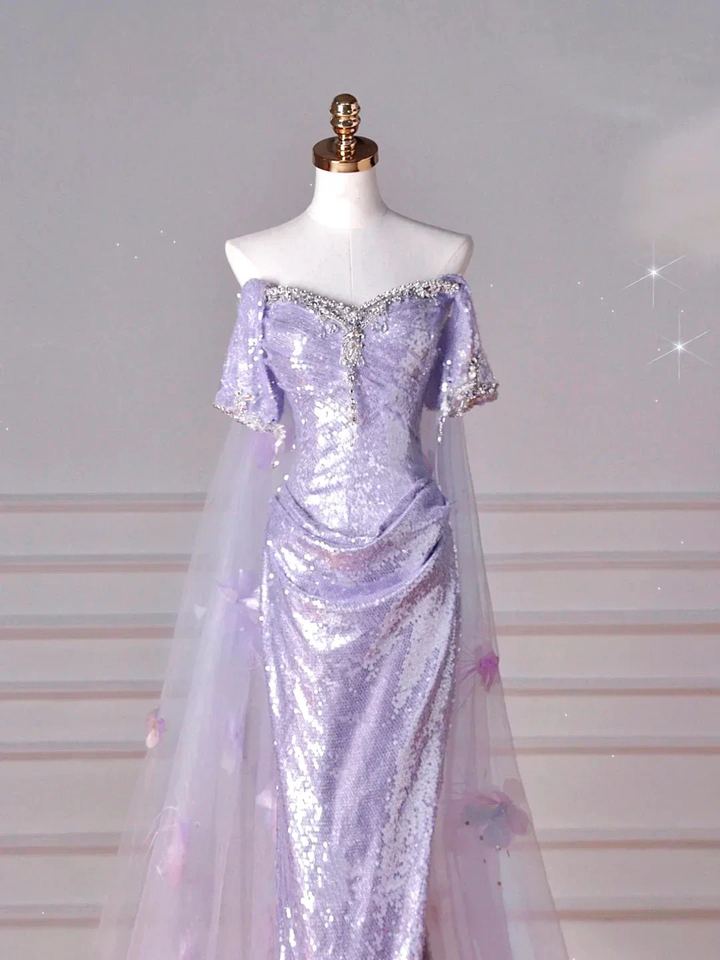 Glitter Lilac Sequin Tulle Beaded Mermaid Slit Evening Dress Off The Shoulder Tulle Appliques Prom Dress Y8632 by simplepromdress