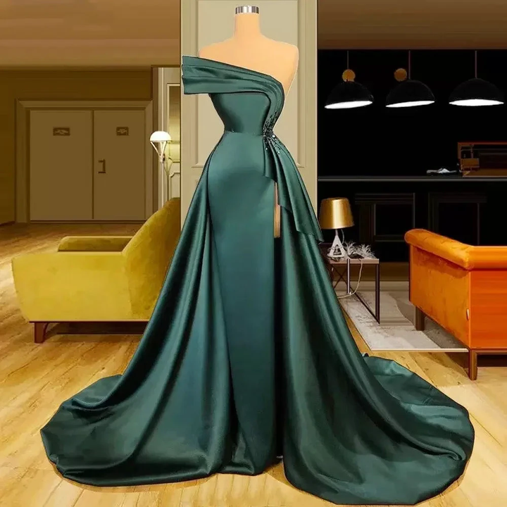 New Long Satin Evening Dresses Wear Elegant Ruched Crystal Beads Split One Shoulder Evening Gowns Formal Women Prom Dresses S23314 by simplepromdress