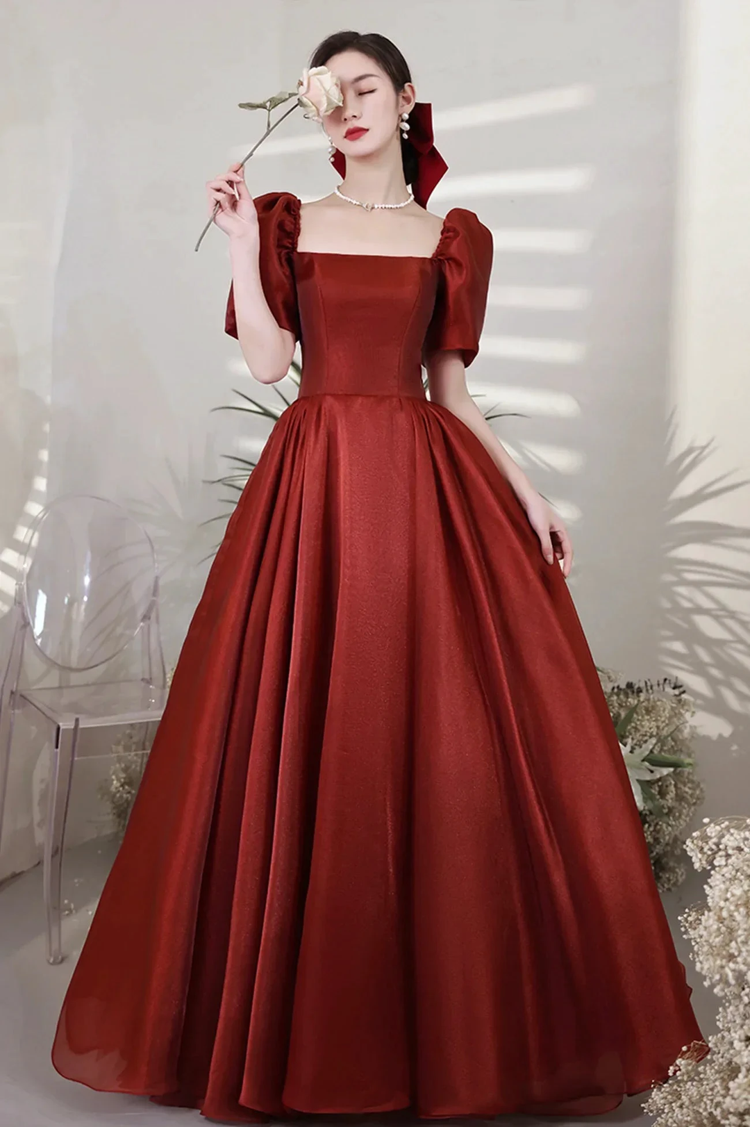Burgundy Satin Long Prom Dresses A-Line Short Sleeve Evening Dresses Y1170 by simplepromdress