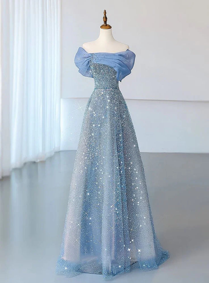 Blue Tulle Sequins Evening Dress Off The Shoulder Pleats A Line Prom Dress Y8041 by simplepromdress