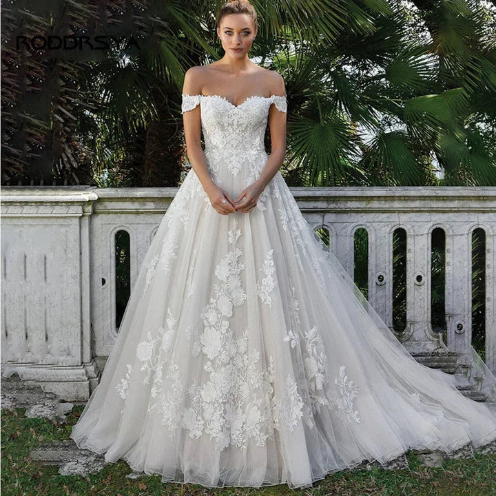 RODDRSYA Elegant A-line Lace Wedding Dresses For Women Appliques Off-Shoulder Bridal Gown Backless Sweep Train Vestidos De Noiva by payinti