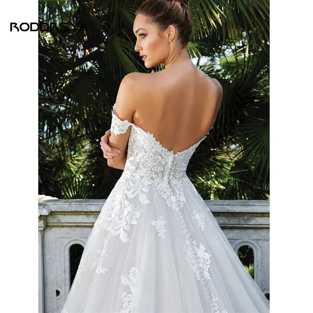RODDRSYA Elegant A-line Lace Wedding Dresses For Women Appliques Off-Shoulder Bridal Gown Backless Sweep Train Vestidos De Noiva by payinti
