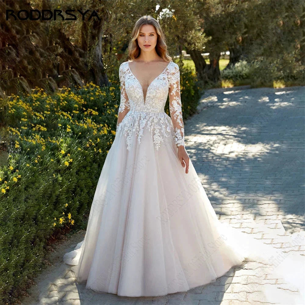 Princess Light Champagne Wedding Dresses Long Sleeves Backless A-Line Bride Gowns Applique Tulle vestidos de novia by payinti