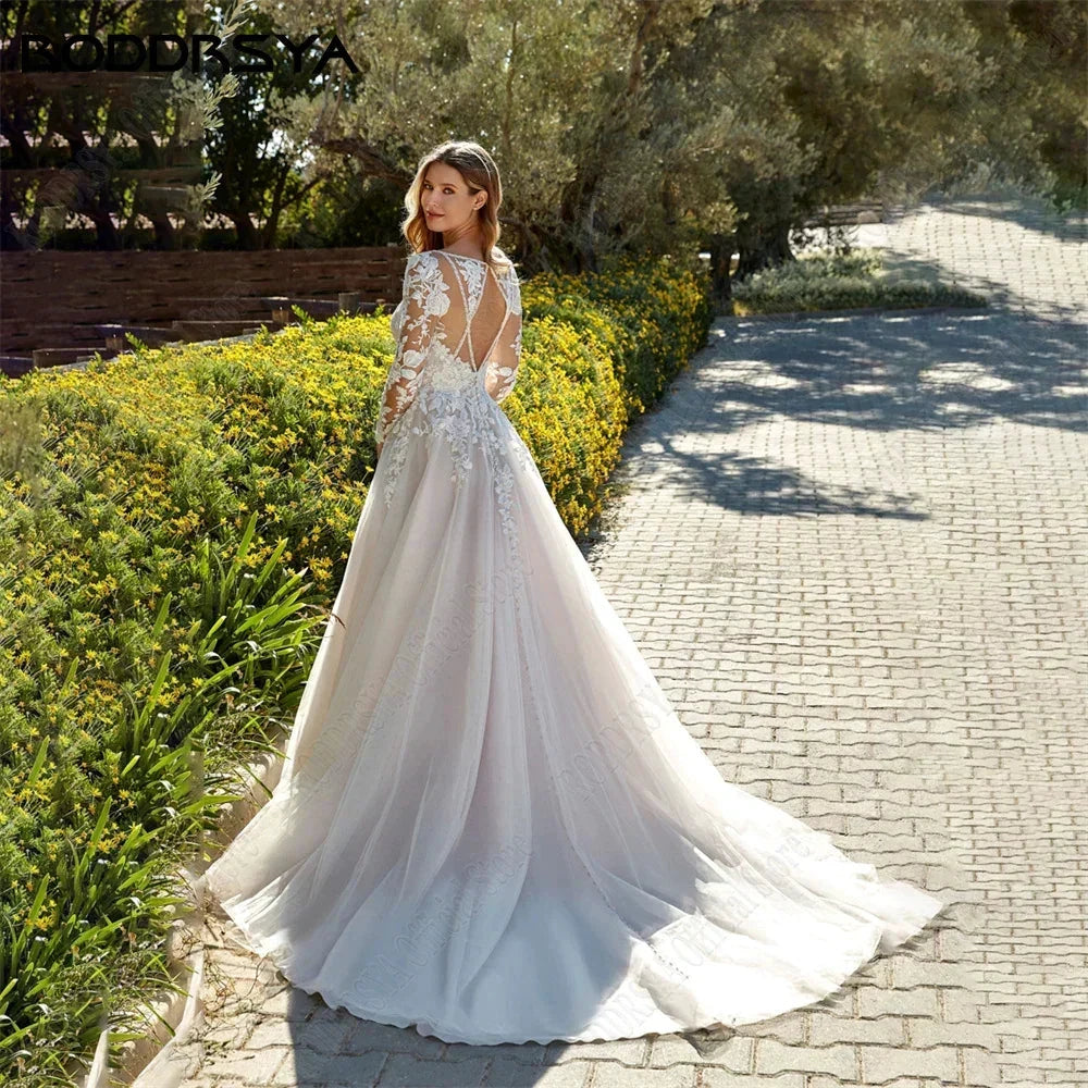 Princess Light Champagne Wedding Dresses Long Sleeves Backless A-Line Bride Gowns Applique Tulle vestidos de novia by payinti