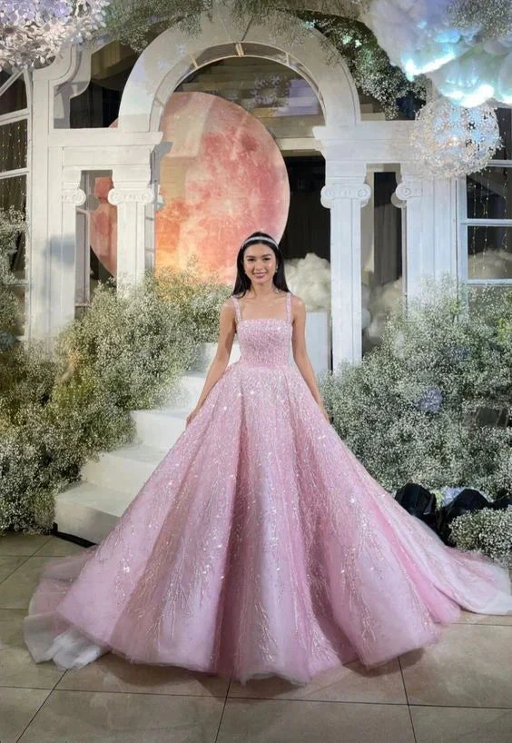 New Arrival Pink Straps Sequin Beaded Long Ball Gown Formal Occasion Gowns Y4918 by simplepromdress