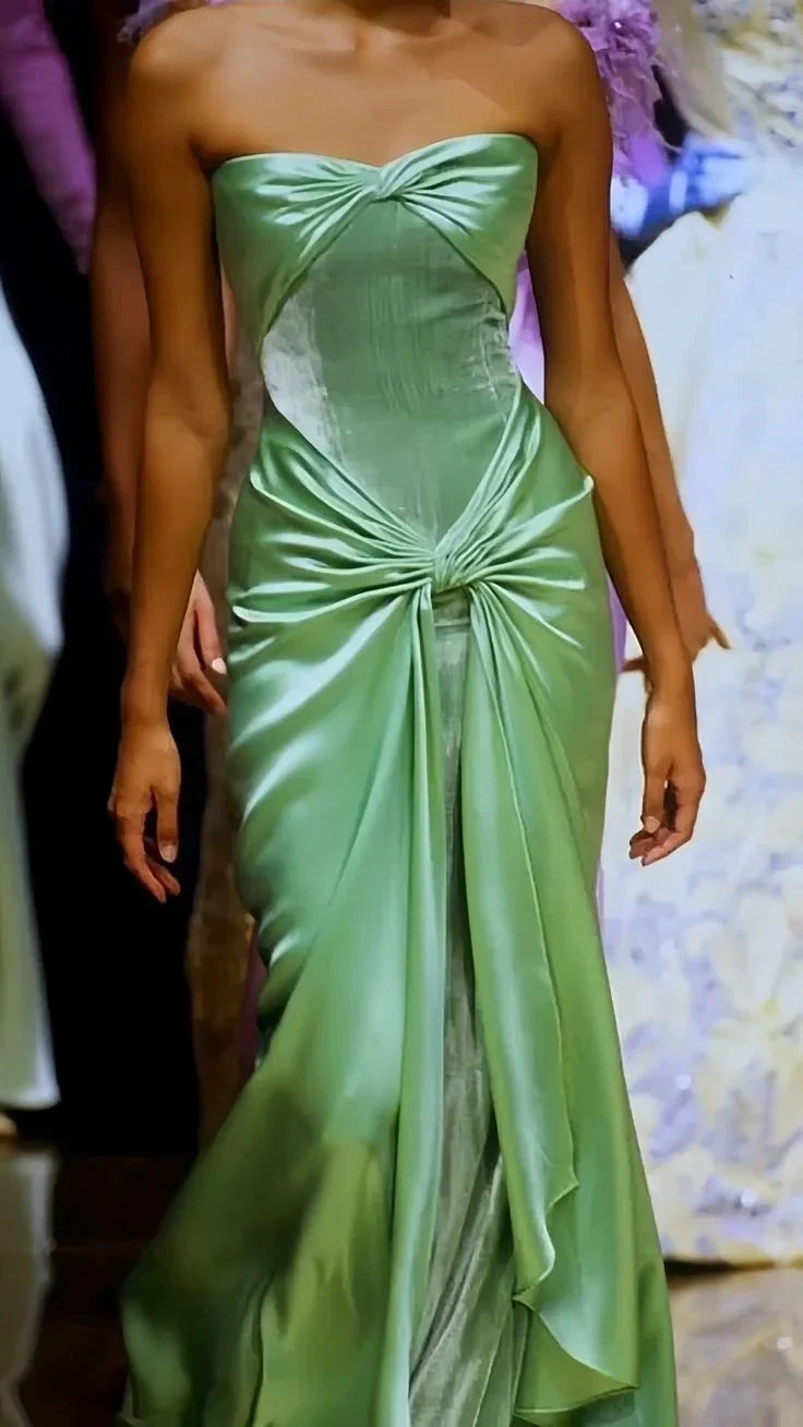 Classy Green Velvet Satin Prom Dress Strapless Evening Gown Y7725 by simplepromdress
