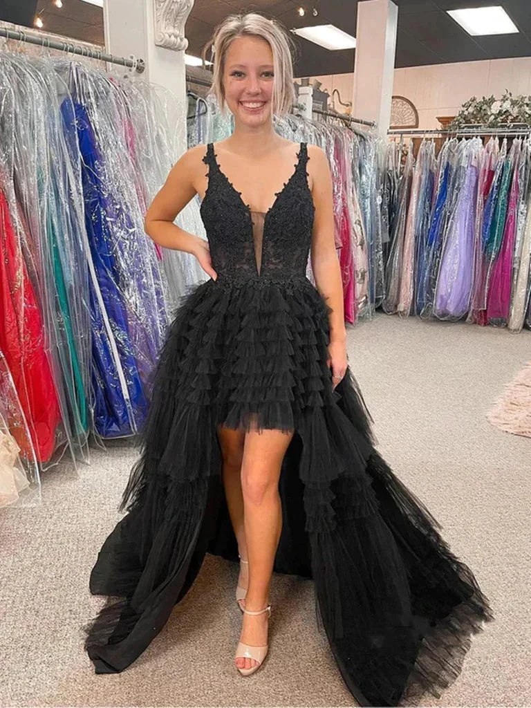 V Neck Backless High Low Beaded Black Lace Long Prom Dresses, Backless Black Formal Dresses, Black Lace Evening Dresses Y1769 by simplepromdress